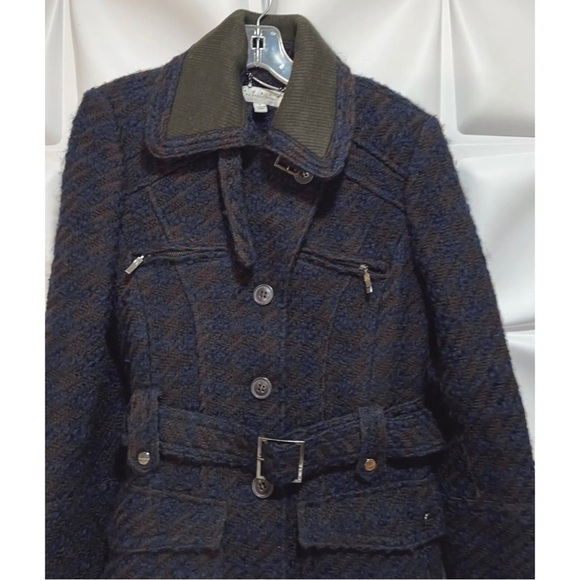 Laundry by Shelli Segal Womens Sz 6 Long Blue Tweed Houndstooth Wool Belted Coat - Picture 6 of 11